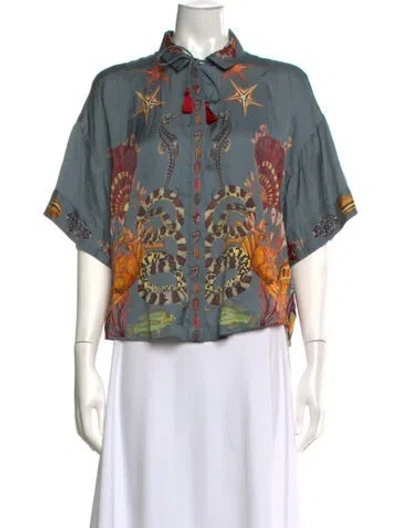Pre-owned Carolina K Printed Short Sleeve Blouse In Blue