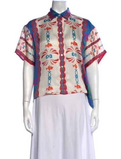 Pre-owned Carolina K Printed Short Sleeve Button-up Top In Blue