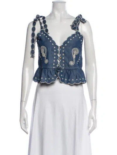 Pre-owned Carolina K Printed V-neck Crop Top In Blue/white