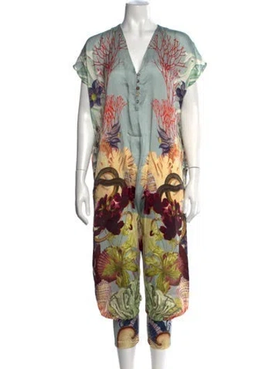 Pre-owned Carolina K Printed V-neck Jumpsuit In Green