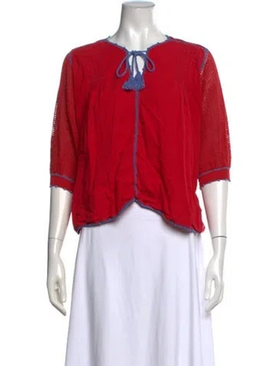 Pre-owned Carolina K Tie Neck Three-quarter Sleeve Blouse In Red