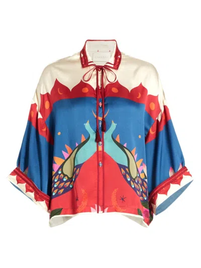 Carolina K Women's Peacock-print Satin Shirt In Peacock Hamsa