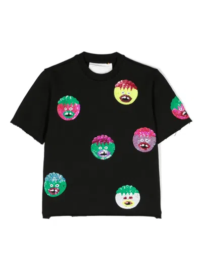Caroline Bosmans Kids' Sequinned Cotton T-shirt In Schwarz