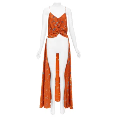Pre-owned Caroline Constas 2018 Orange Floral Silk Crop Twist High Low Trained Camisole M