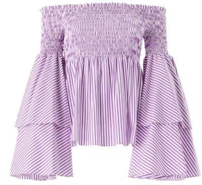Pre-owned Caroline Constas $420  Appolonia Top Off Shoulder Striped White Orchid Pink S