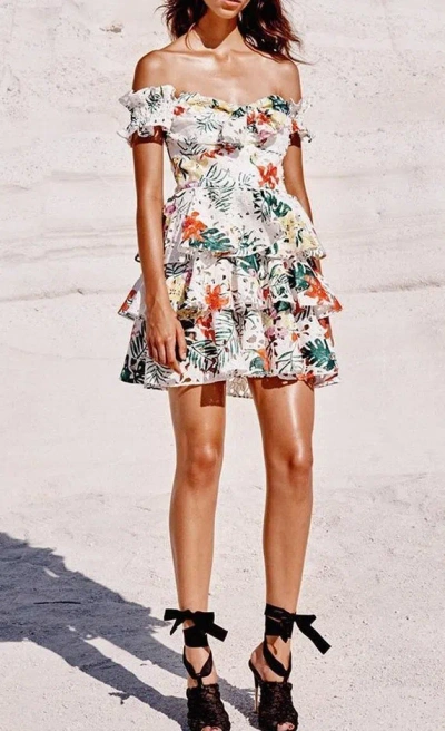 Pre-owned Caroline Constas $695  Helena Lace Dress White Green Red Off Shoulder Xs M In White, Red, Green
