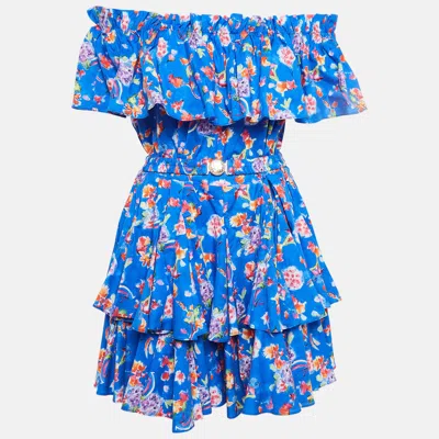 Caroline Constas Blue Printed Cotton Blend Ruffled Mini Dress