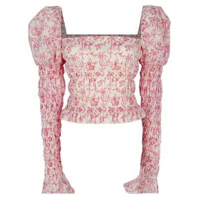 Pre-owned Caroline Constas Delilah Printed Shirred Blouse In Pink Cotton