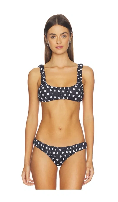 Caroline Constas Dorit Ruched Bikini Top In Black & Ivory Polka Dot