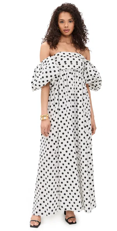 Caroline Constas Emilia Ruched Empire Maxi Dress Ivory Black Polka Dot In White