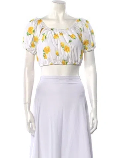 Pre-owned Caroline Constas Floral Print Bateau Neckline Crop Top In White