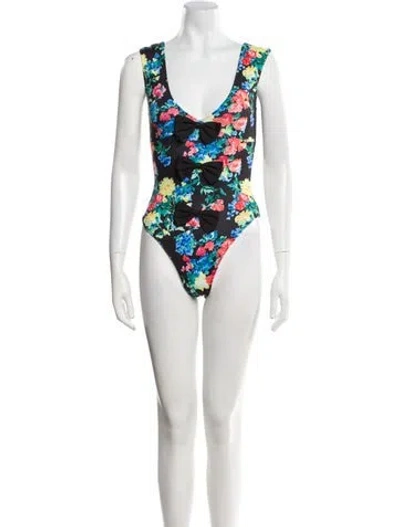 Pre-owned Caroline Constas Floral Print Bow Accents One-piece In Black