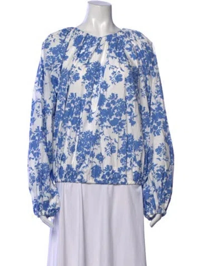 Pre-owned Caroline Constas Floral Print Crew Neck Blouse In Blue/white