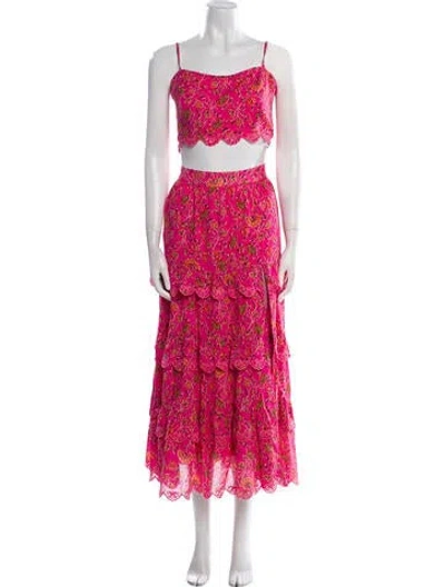 Pre-owned Caroline Constas Floral Print Embroidered Accent Skirt Set In Pink