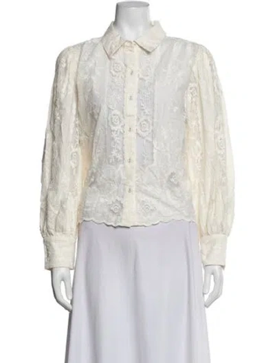 Pre-owned Caroline Constas Floral Print Long Sleeve Blouse In White