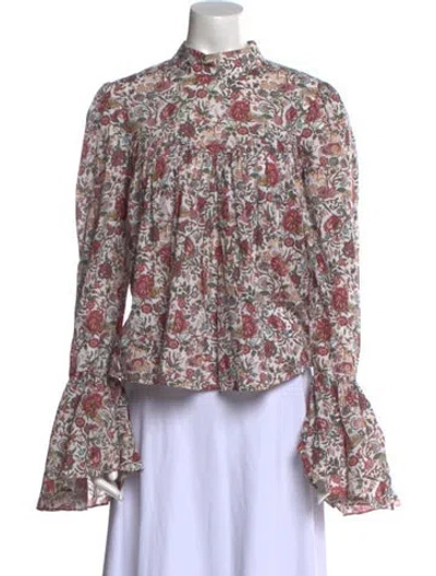 Pre-owned Caroline Constas Floral Print Mock Neck Blouse In White