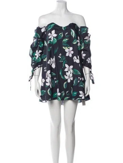 Pre-owned Caroline Constas Floral Print Off-the-shoulder Blouse In Blue/green