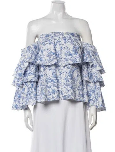 Pre-owned Caroline Constas Floral Print Off-the-shoulder Blouse In Blue/white