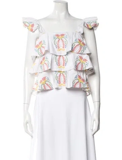 Pre-owned Caroline Constas Floral Print Off-the-shoulder Blouse In White
