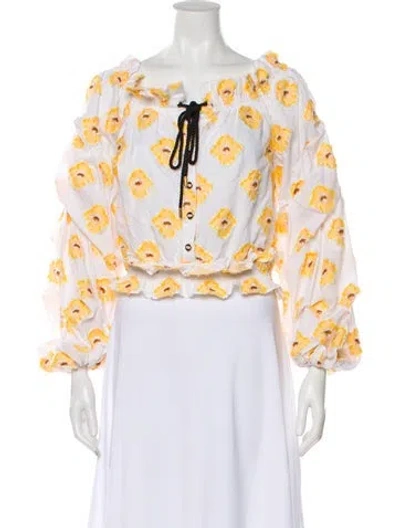 Pre-owned Caroline Constas Floral Print Off-the-shoulder Blouse In White