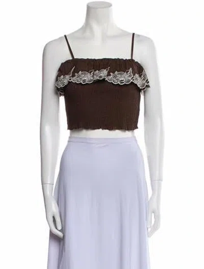 Pre-owned Caroline Constas Floral Print Off-the-shoulder Crop Top In Brown