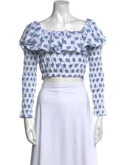 Pre-owned Caroline Constas Floral Print Off-the-shoulder Crop Top In White