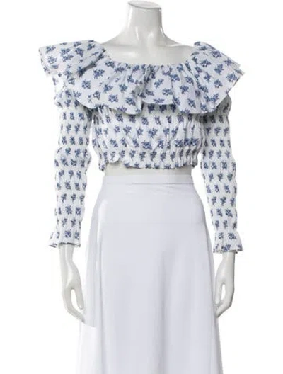 Pre-owned Caroline Constas Floral Print Off-the-shoulder Crop Top In White