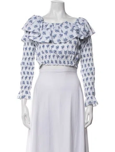 Pre-owned Caroline Constas Floral Print Off-the-shoulder Crop Top In White