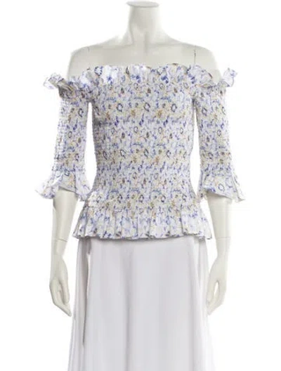 Pre-owned Caroline Constas Floral Print Off-the-shoulder Tunic In White