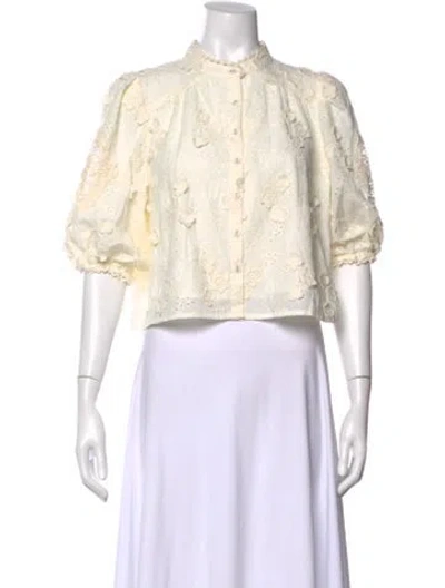 Pre-owned Caroline Constas Floral Print Short Sleeve Blouse W/ Tags In Neutral