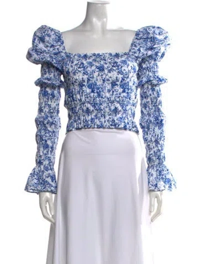 Pre-owned Caroline Constas Floral Print Square Neckline Blouse W/ Tags In Blue/white