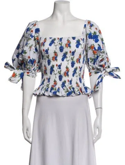 Pre-owned Caroline Constas Floral Print Square Neckline Blouse W/ Tags In White