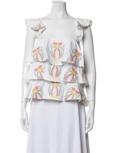Pre-owned Caroline Constas Floral Print Square Neckline Blouse In White