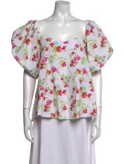 Pre-owned Caroline Constas Floral Print Square Neckline Blouse In White