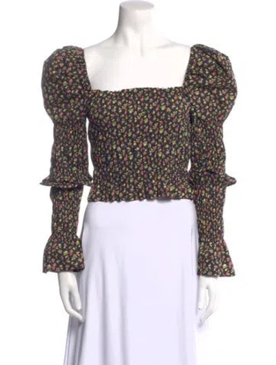 Pre-owned Caroline Constas Floral Print Square Neckline Crop Top In Black