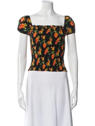 Pre-owned Caroline Constas Floral Print Square Neckline Crop Top In Black