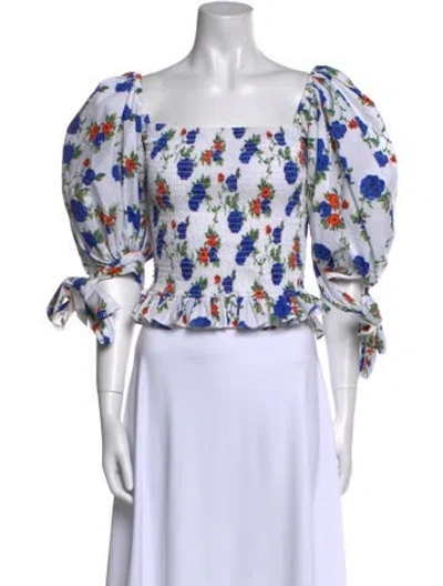 Pre-owned Caroline Constas Floral Print Square Neckline Crop Top W/ Tags In White