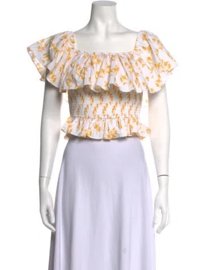 Pre-owned Caroline Constas Floral Print Square Neckline Crop Top In White