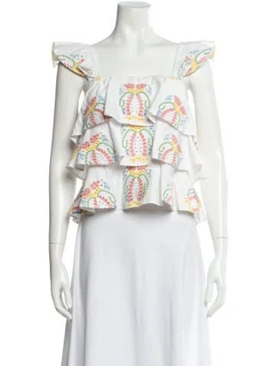 Pre-owned Caroline Constas Floral Print Square Neckline Top In White