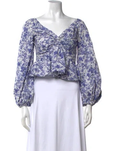 Pre-owned Caroline Constas Floral Print V-neck Crop Top In Blue/white