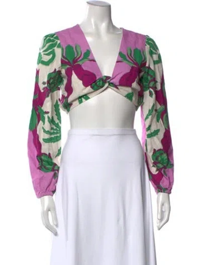 Pre-owned Caroline Constas Floral Print V-neck Crop Top In Purple