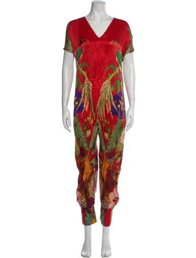 Pre-owned Caroline Constas Floral Print V-neck Jumpsuit In Red
