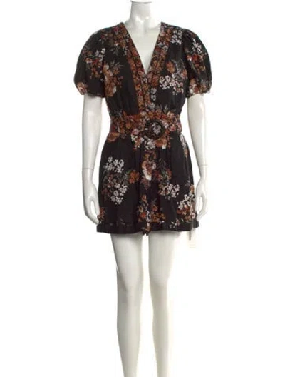 Pre-owned Caroline Constas Floral Print V-neck Romper In Black