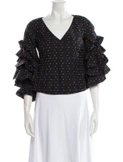 Pre-owned Caroline Constas Graphic Print V-neck Blouse In Gray