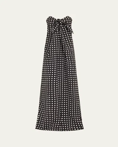 Caroline Constas Kaia Tie-front Strapless Column Gown In Blk White Polka Dot