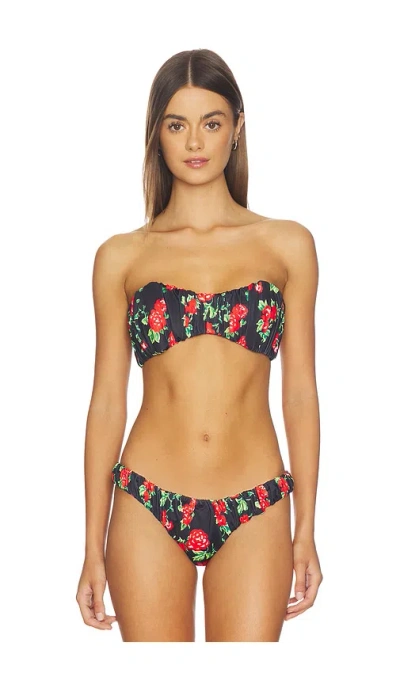 Caroline Constas Leila Ruched Bandeau Bikini Top In Black & Red Multi
