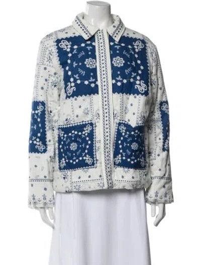 Pre-owned Caroline Constas Linen Floral Print Denim Jacket In Blue