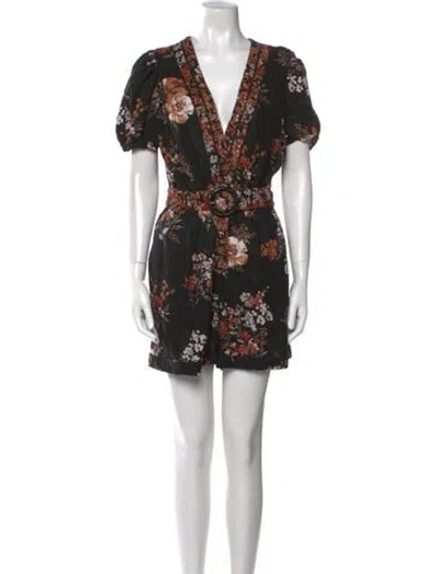 Pre-owned Caroline Constas Linen Floral Print Romper In Black