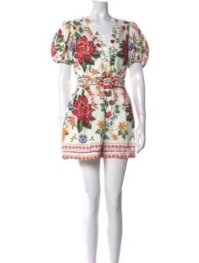 Pre-owned Caroline Constas Linen Floral Print Romper W/ Tags In White