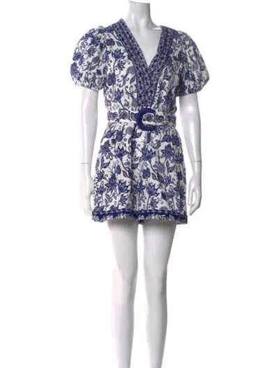 Pre-owned Caroline Constas Linen Floral Print Romper W/ Tags In White